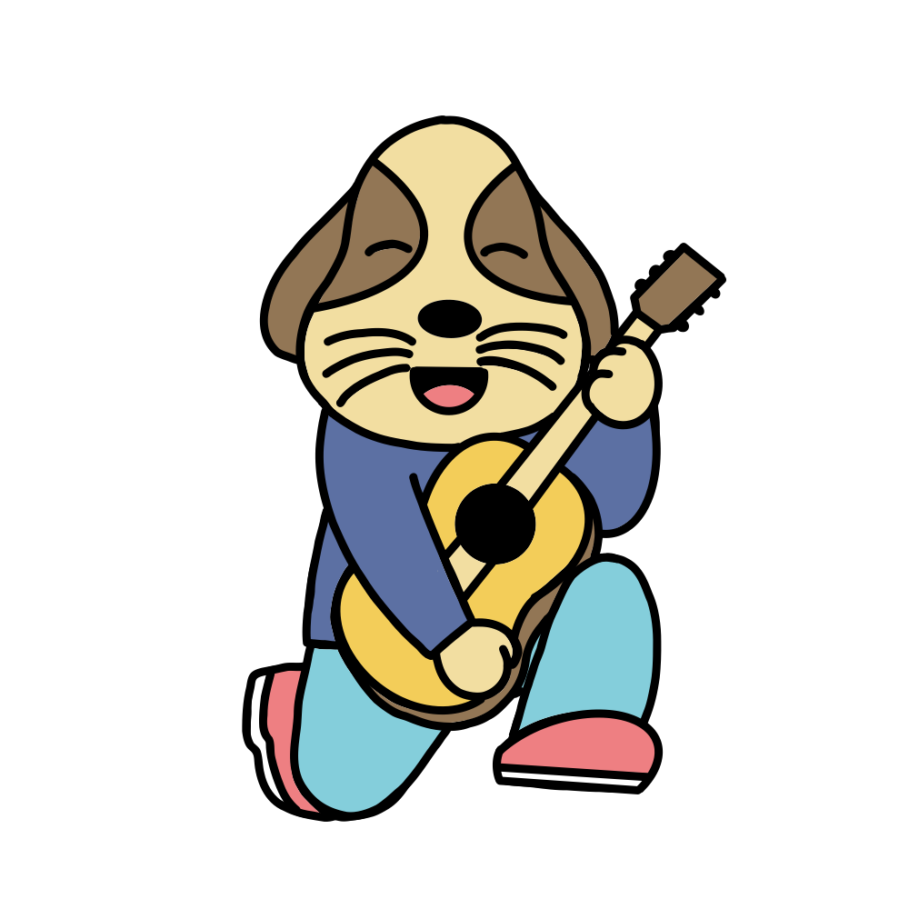 ギターを持った笑顔の犬